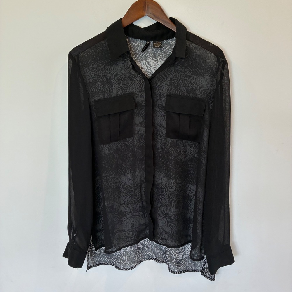 Nue Options Black Grey Animal Print Sheer Button Down Blouse XL M2U0518E